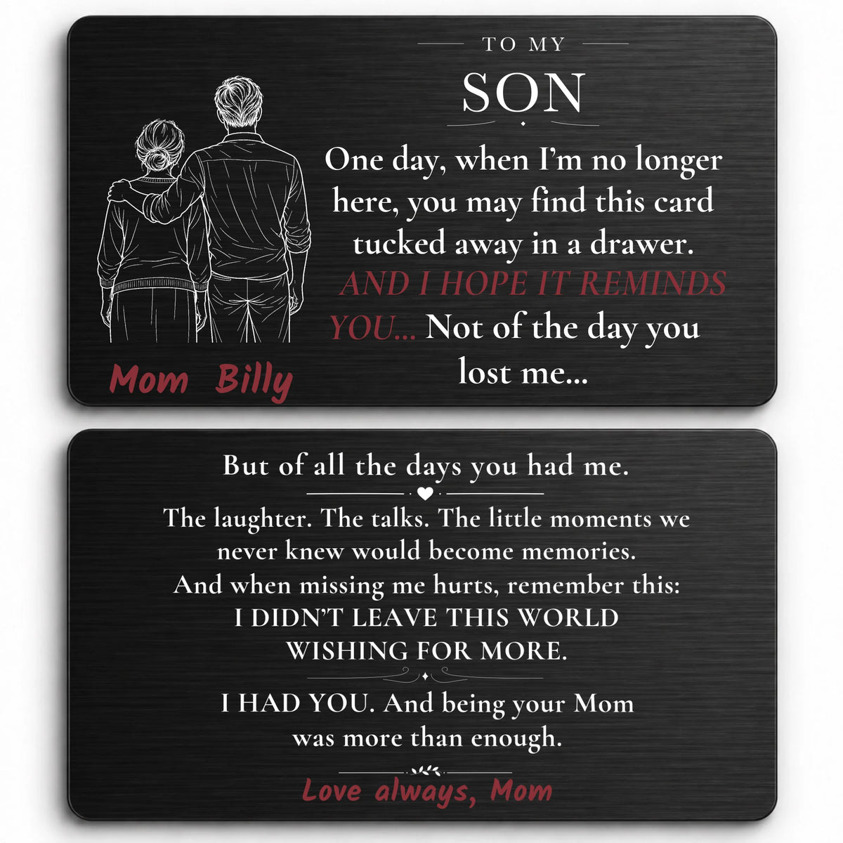 Black personalized aluminum wallet card for son from mom featuring mother and son illustration and emotional message