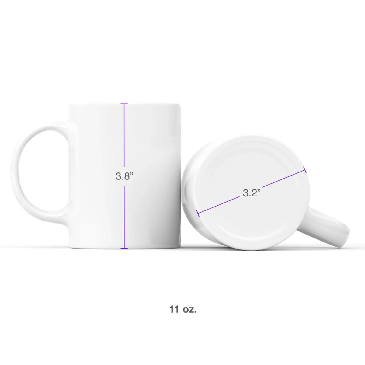 11 oz white ceramic personalized coffee mug with size and dimension guide.
