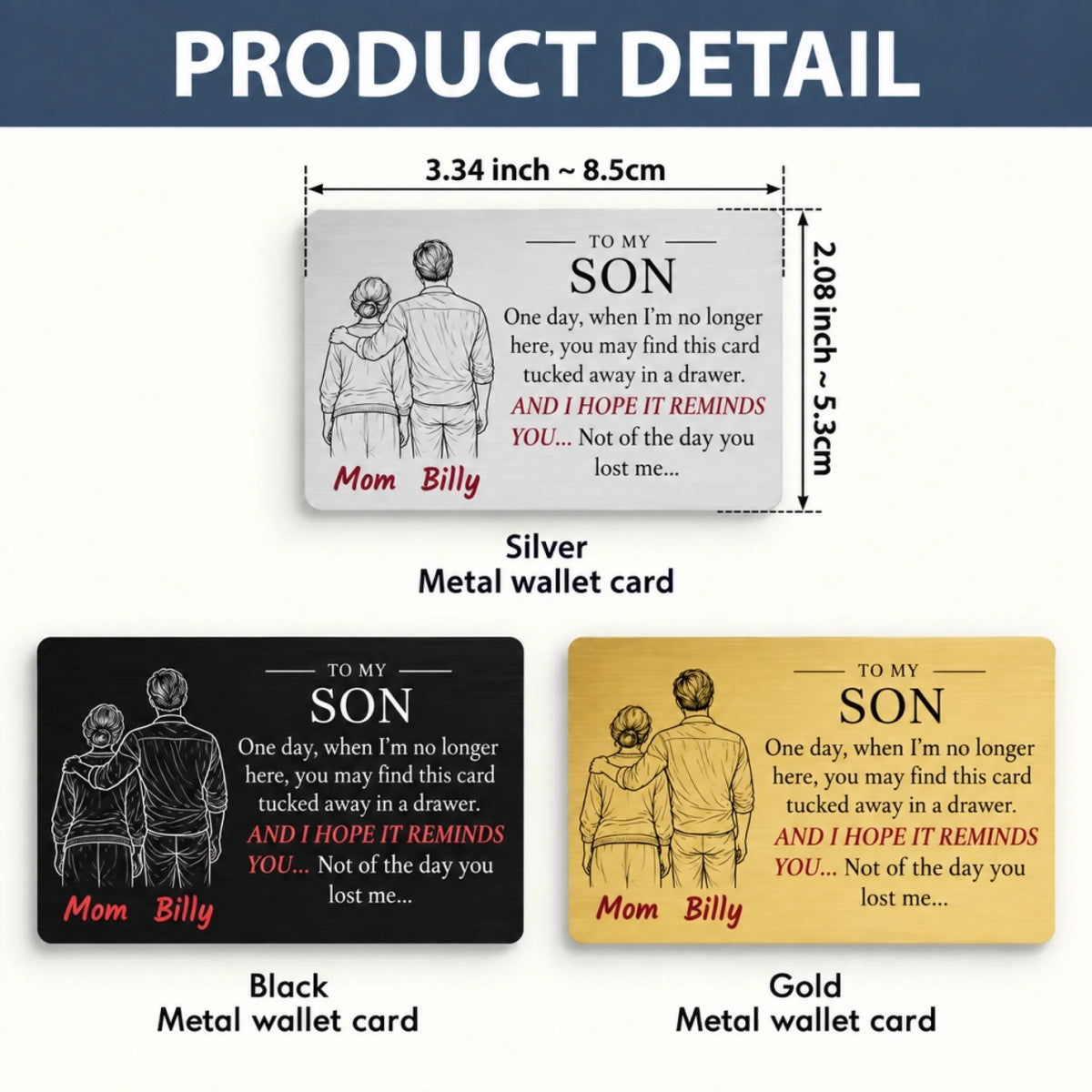 Personalized aluminum wallet card size 3.34 x 2.08 inches with silver, black and gold color options