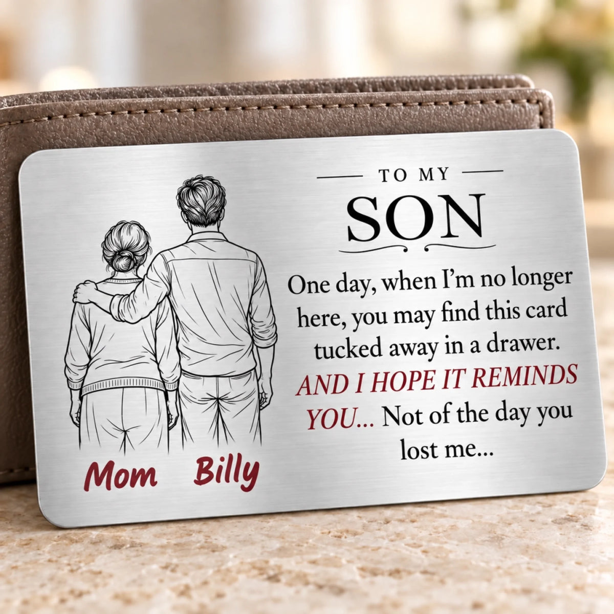 Personalized silver metal wallet card for son from mom with custom names and loving message