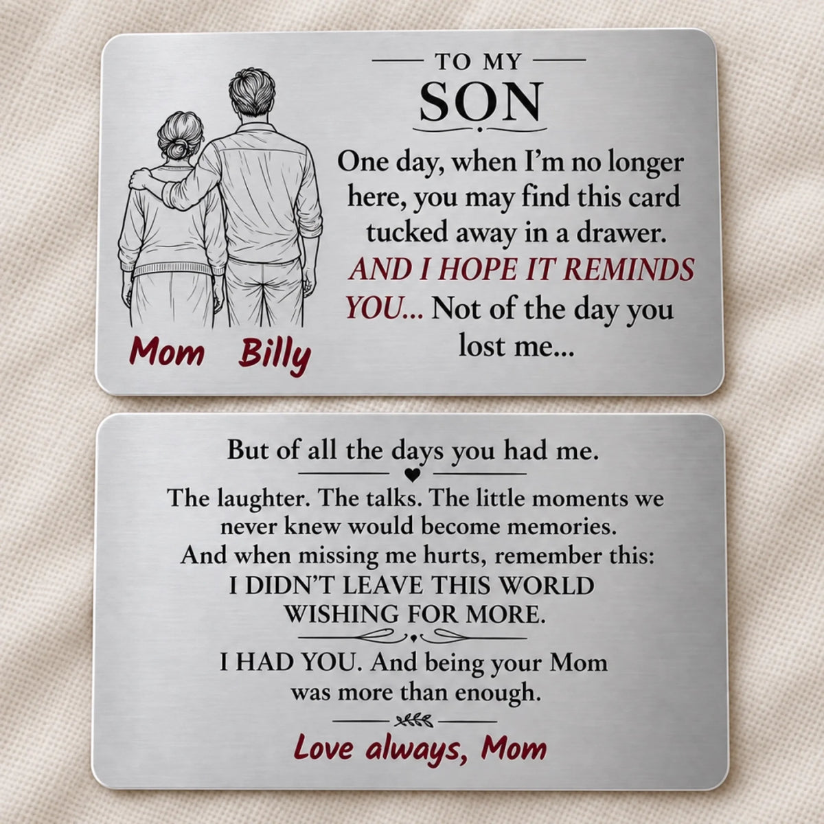 Personalized silver wallet insert card for son from mom with engraved-style design and heartfelt message