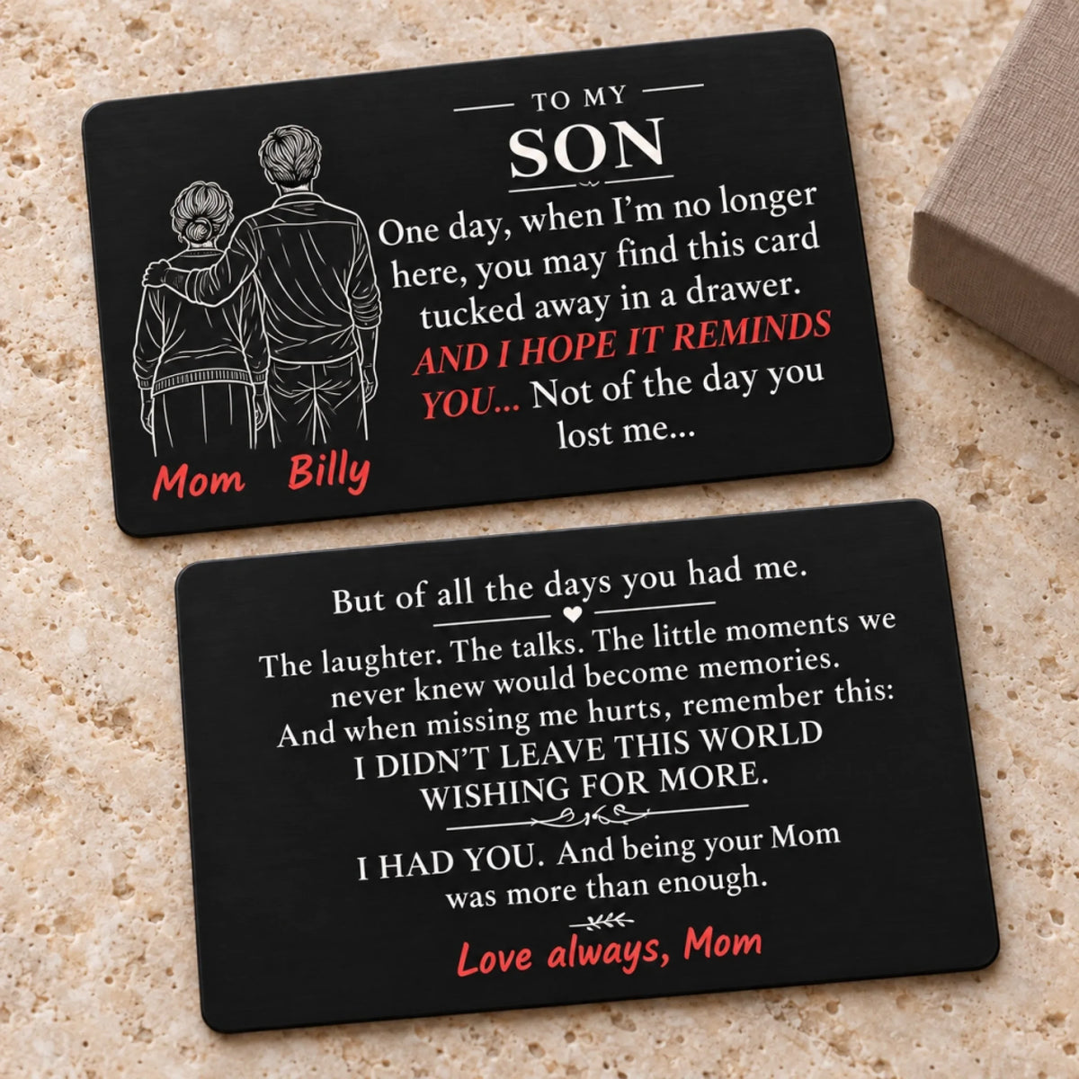 Personalized black aluminum wallet card for son from mom showing both sides with sentimental message