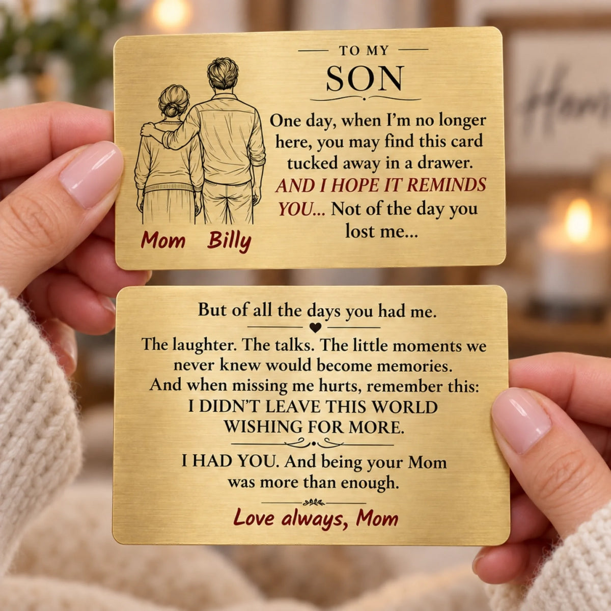Personalized gold aluminum wallet card for son from mom with heartfelt message, front and back
