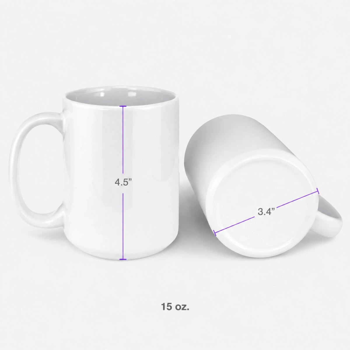 15 oz white ceramic coffee mug dimensions showing 4.5 inch height and 3.4 inch diameter