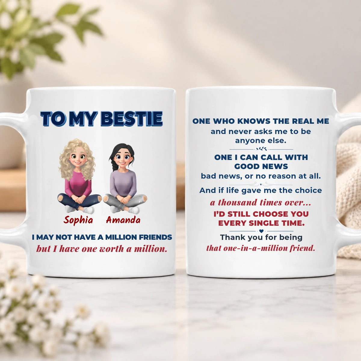 Personalized best friend coffee mug with custom names, illustrated besties and heartfelt friendship quotes on both sides