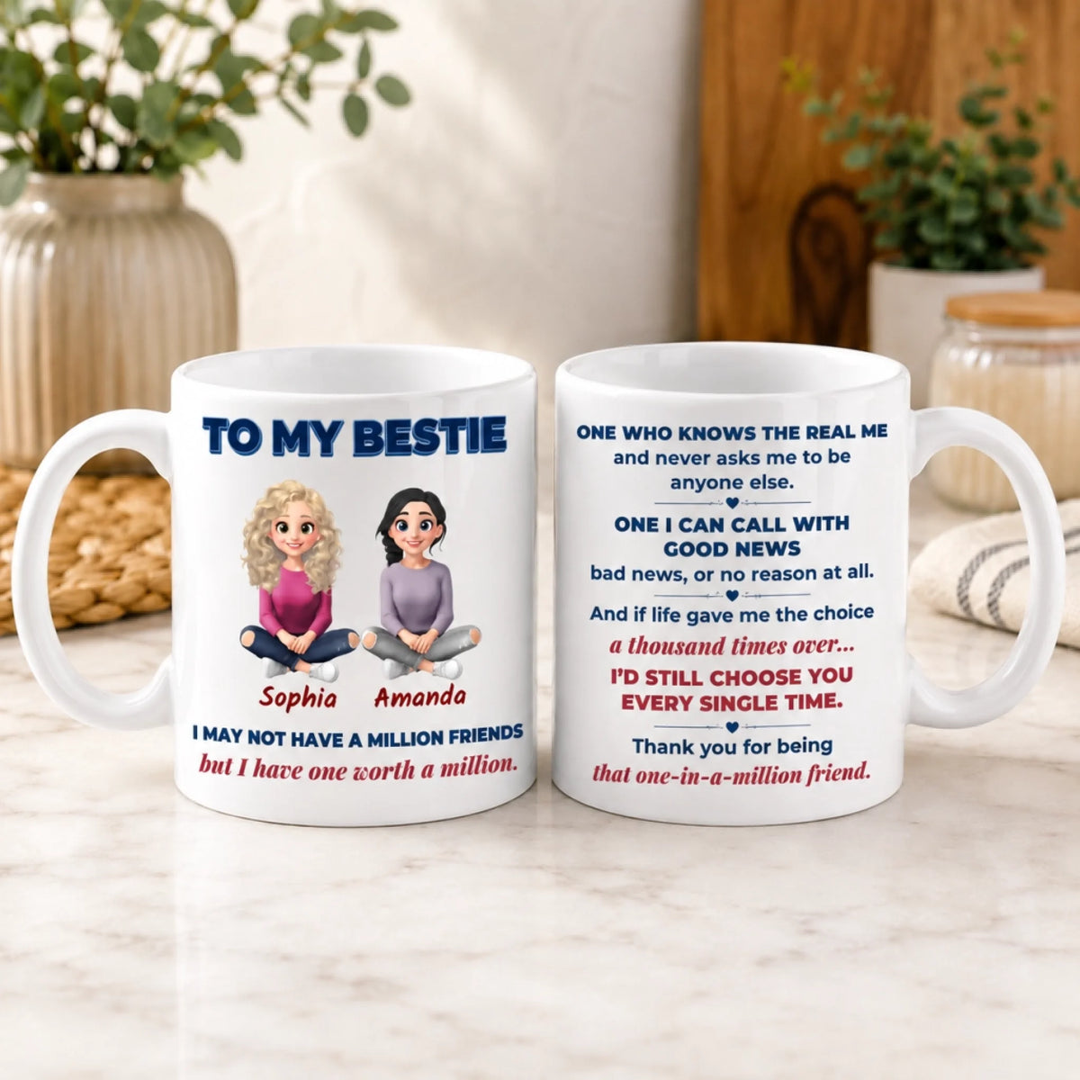 Custom best friend coffee mug with personalized names, illustrated friends and emotional friendship message