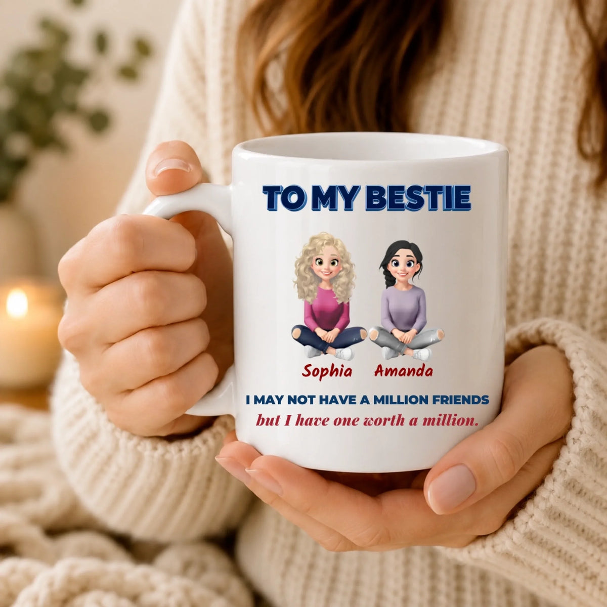 Woman holding personalized best friend coffee mug with custom names and illustrated friendship design
