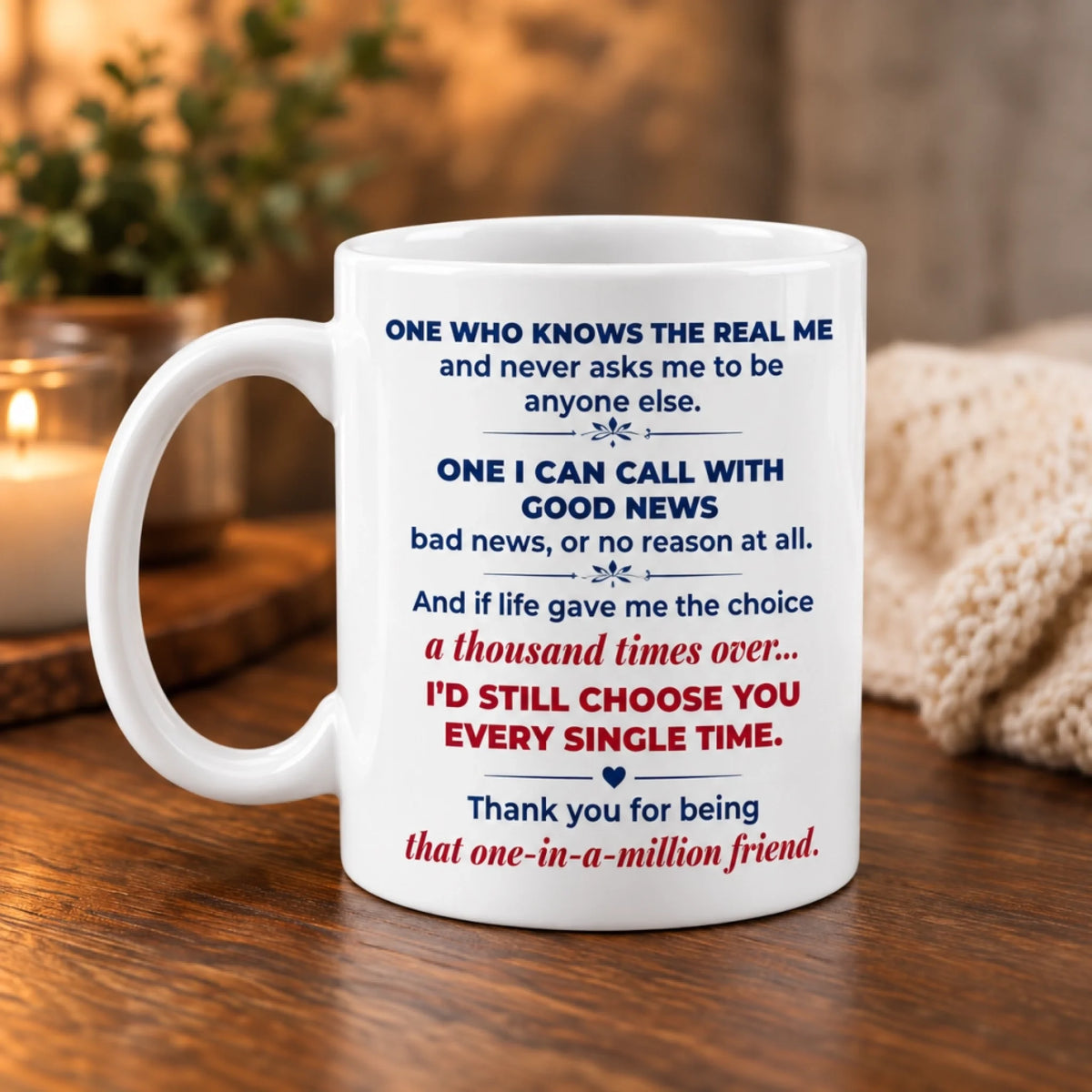 Back of personalized best friend coffee mug featuring heartfelt friendship message and meaningful quote