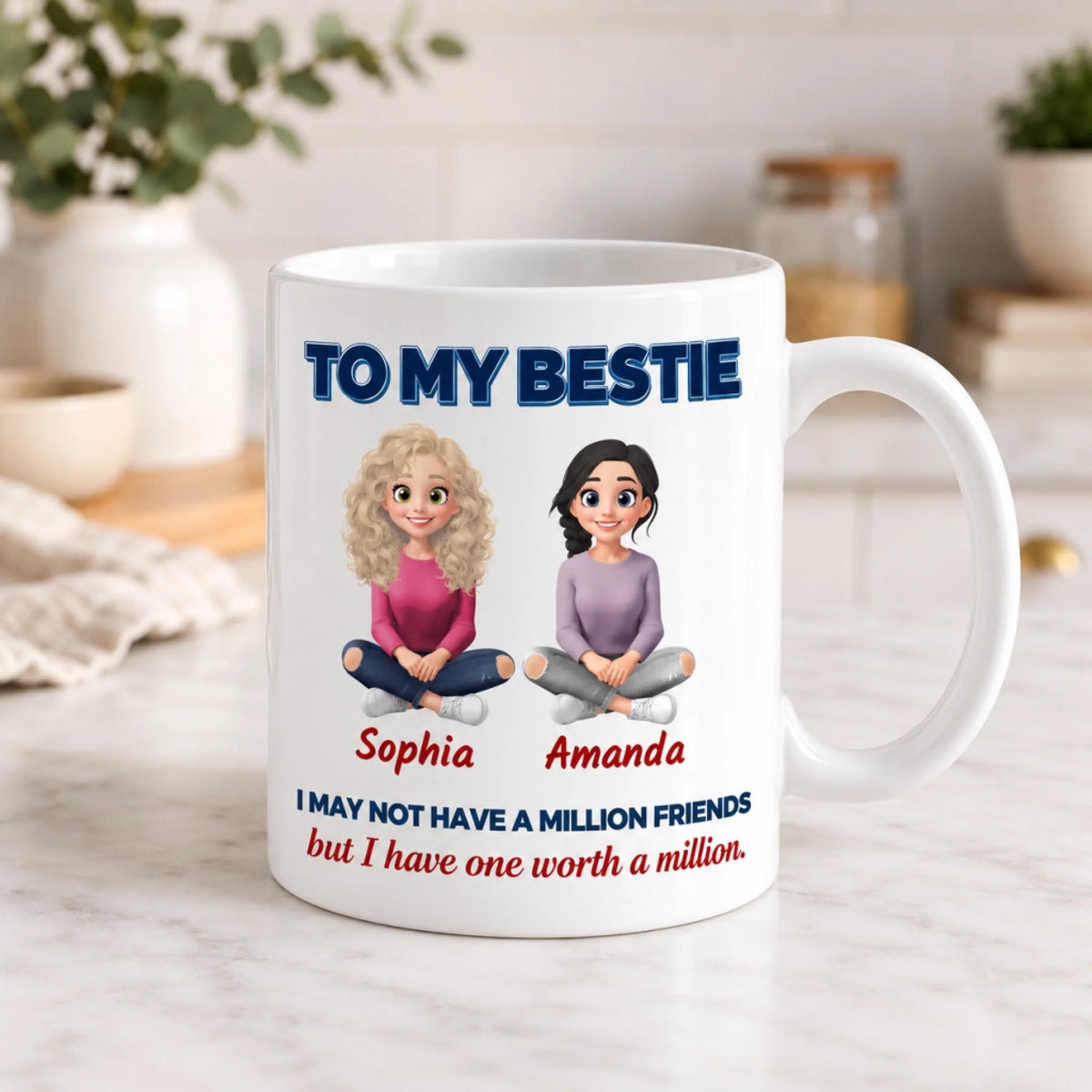 Personalized best friend coffee mug with custom names, two illustrated friends and heartfelt friendship quote