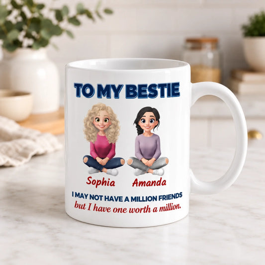 Personalized best friend coffee mug with custom names, two illustrated friends and heartfelt friendship quote