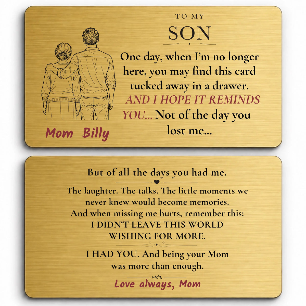 Gold personalized aluminum wallet card for son from mom with custom names and loving message on both sides