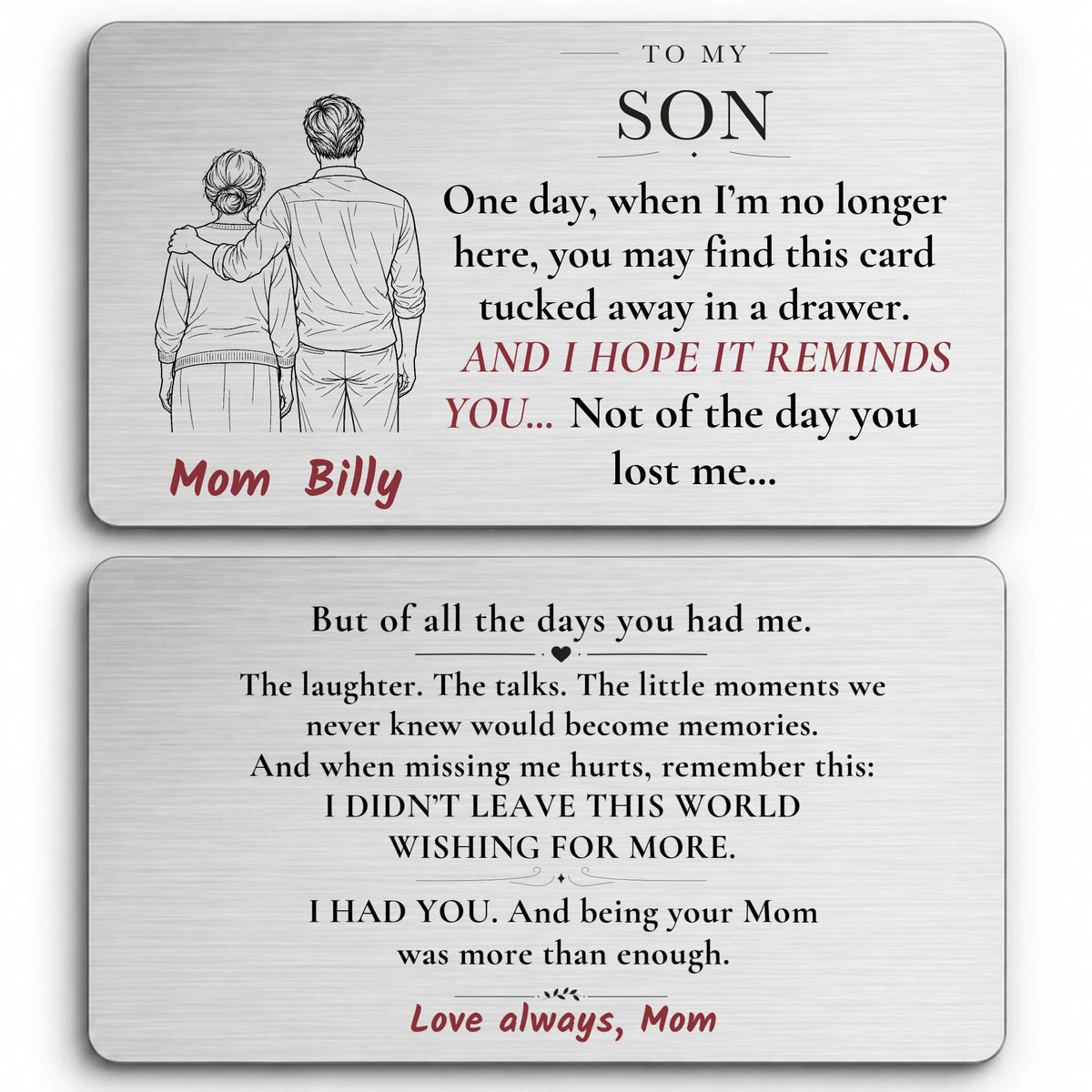 Silver personalized aluminum wallet card for son from mom showing front and back designs