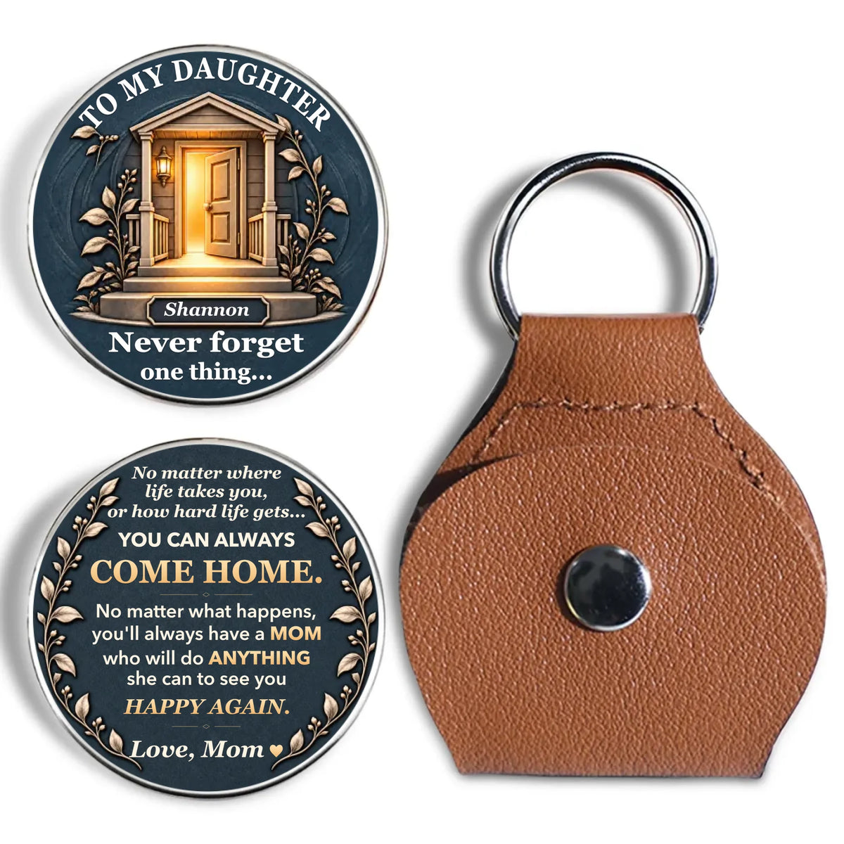 Personalized daughter pocket hug coin featuring a glowing doorway, comforting message from Mom or Dad, and brown keychain holder.