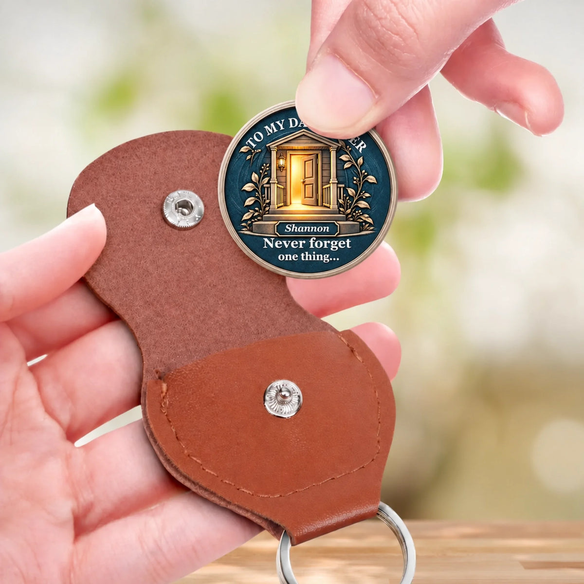 Personalized You Can Always Come Home pocket hug coin held in hand with brown keychain pouch – meaningful gift for daughter from Mom or Dad.