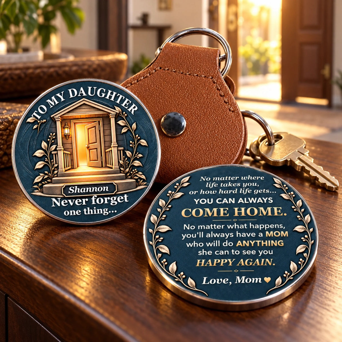 Personalized pocket hug coin for daughter with a glowing open door design and comforting You Can Always Come Home message from Mom or Dad.