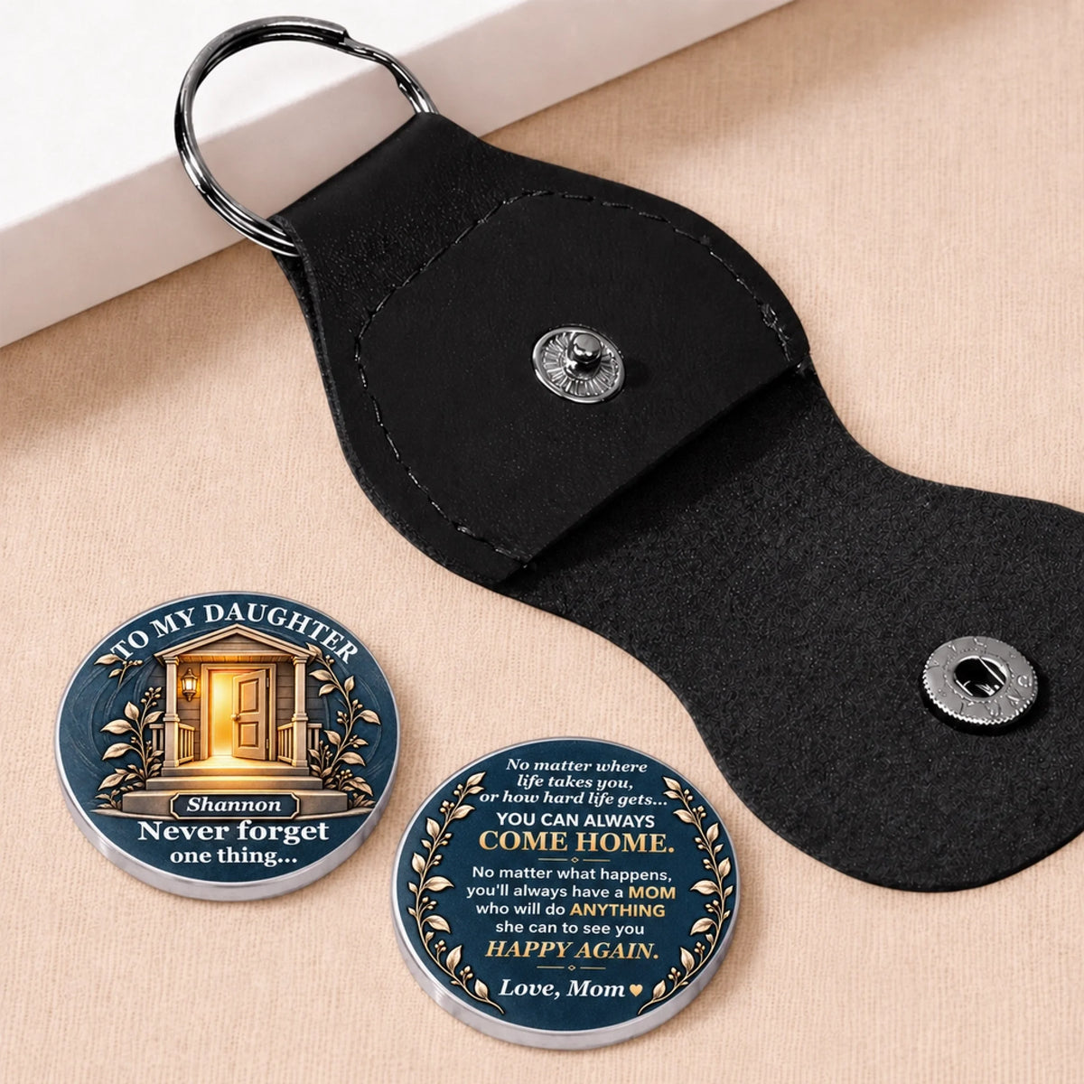 Personalized daughter pocket hug keepsake showing both sides of the coin with an inspirational Come Home message and black keychain holder.