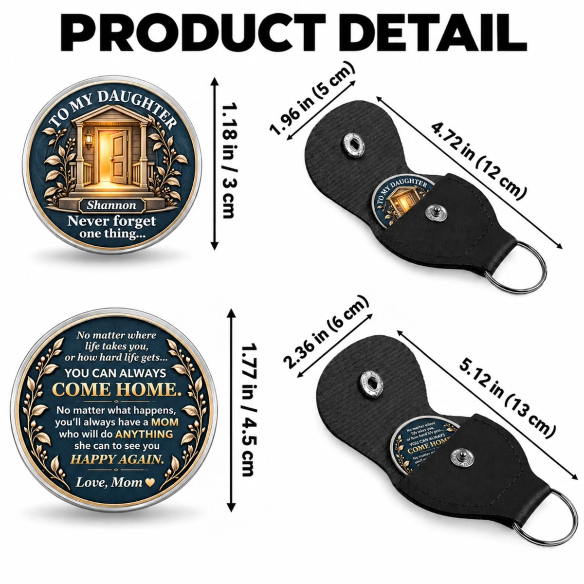Personalized pocket hug for daughter size guide showing double-sided metal coin, available dimensions, and protective keychain holder.