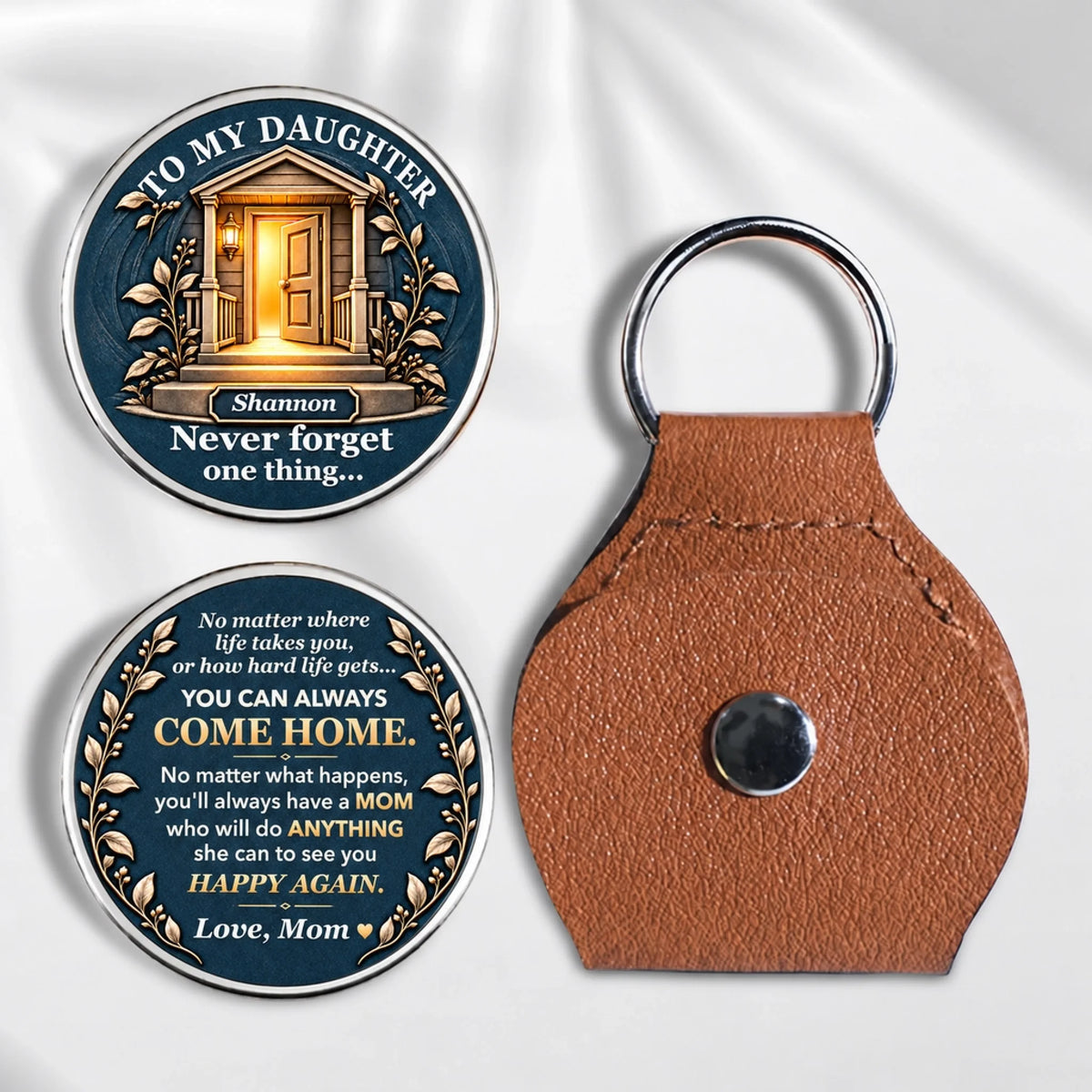Personalized You Can Always Come Home pocket hug for daughter from Mom or Dad, featuring an open door design, heartfelt message, and brown keychain holder.