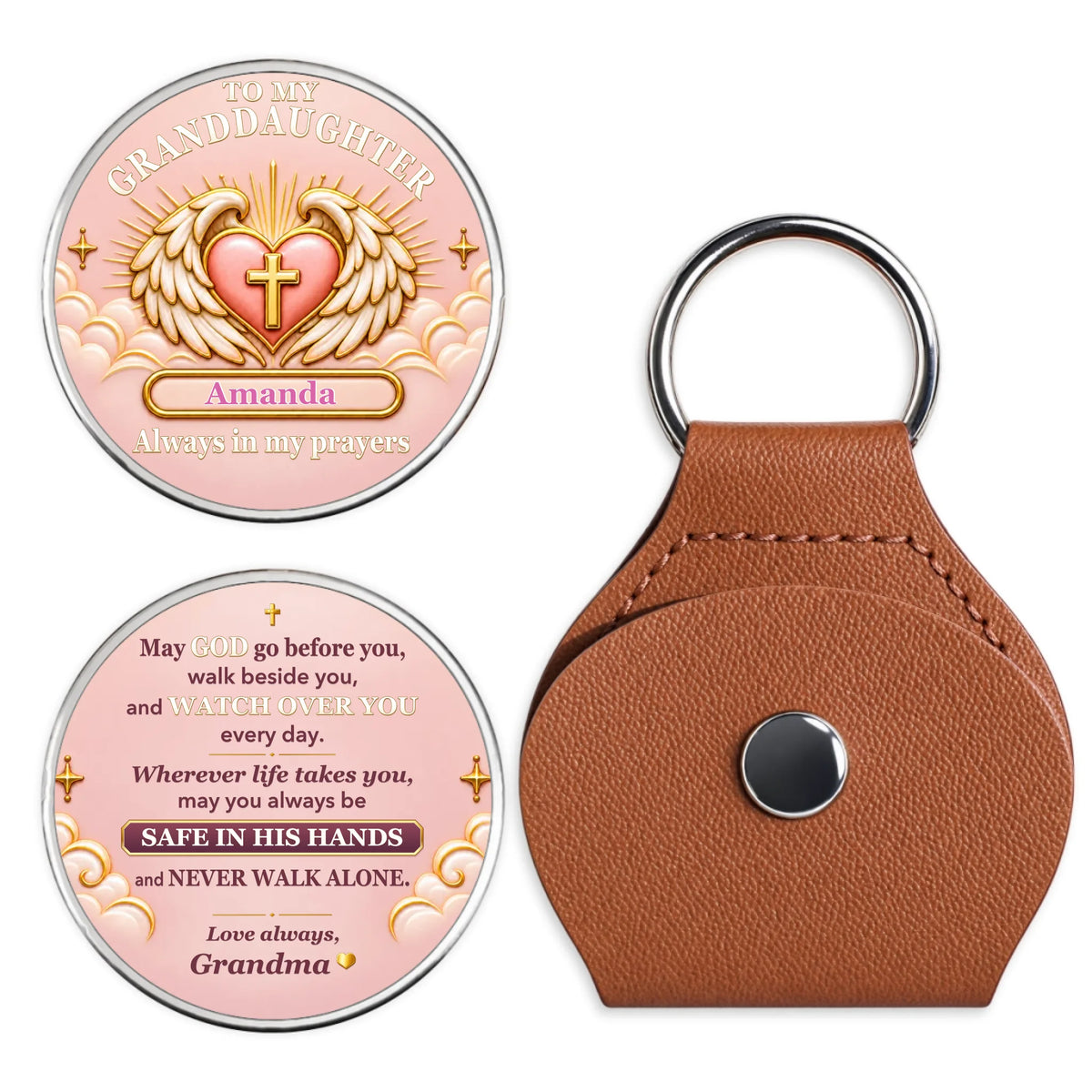 Personalized granddaughter prayer coin with brown keychain holder, front and back view