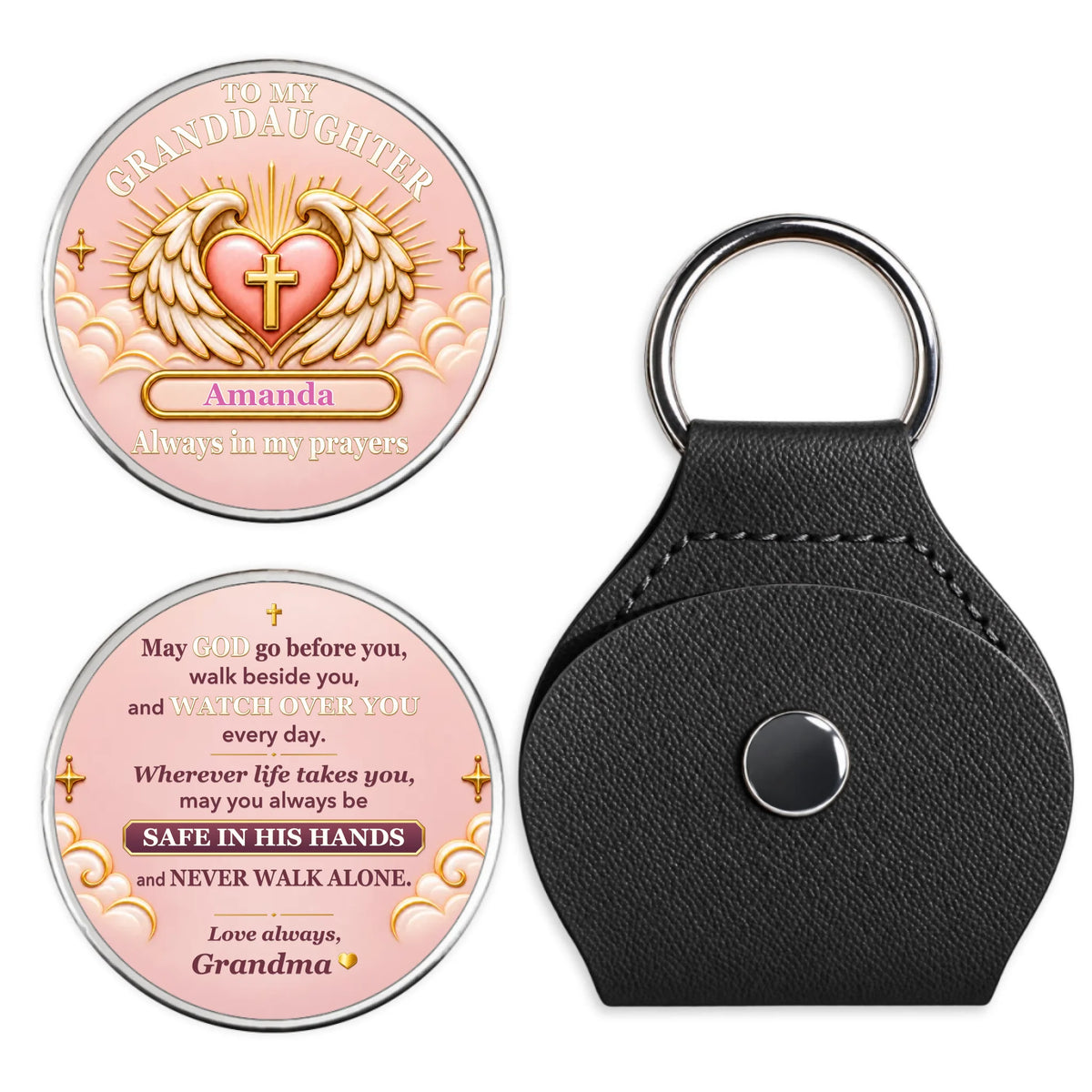 Personalized Christian pocket hug for granddaughter with black keychain holder and inspirational prayer