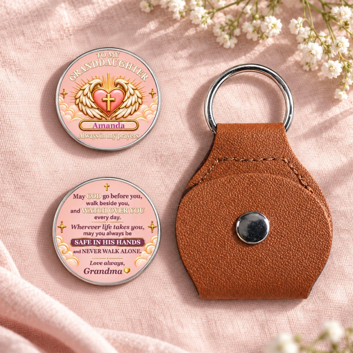 Personalized granddaughter pocket hug with angel wings, Christian prayer and brown leather-style keychain holder