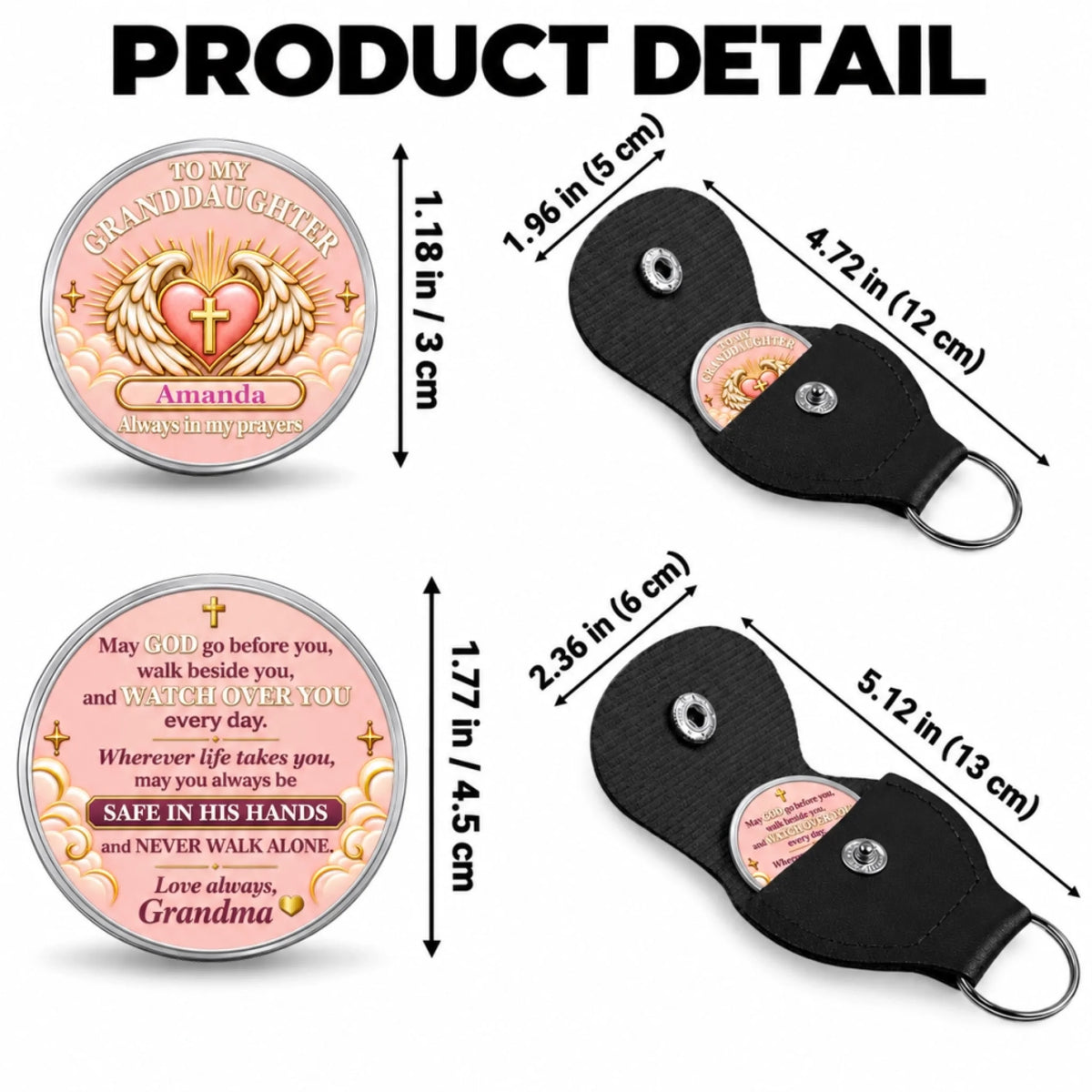 Christian pocket hug for granddaughter with coin dimensions, double-sided design and keychain holder details