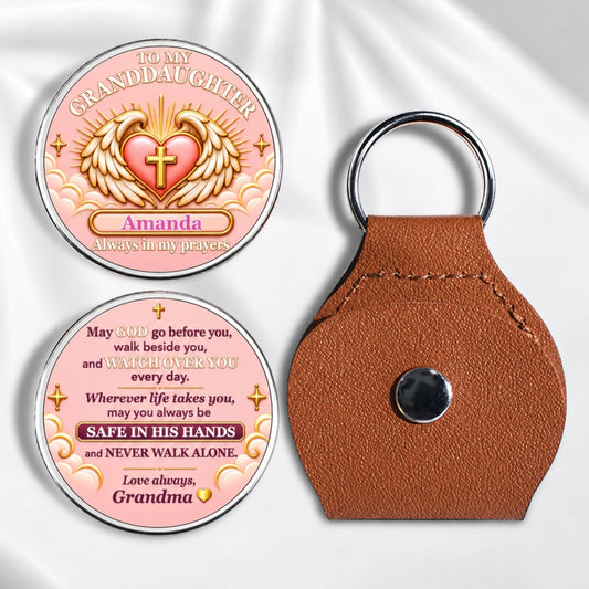 Personalized Christian pocket hug for granddaughter from Grandma with angel wings, heart, cross, prayer coin and brown keychain holder