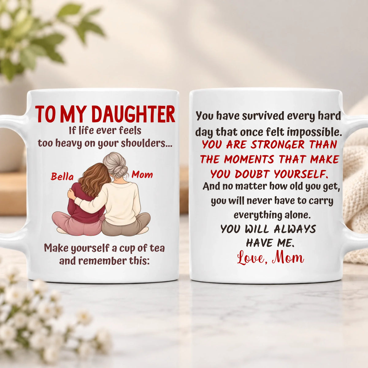 Personalized mother and daughter mug design showing custom names, illustration, and heartfelt message on both sides.