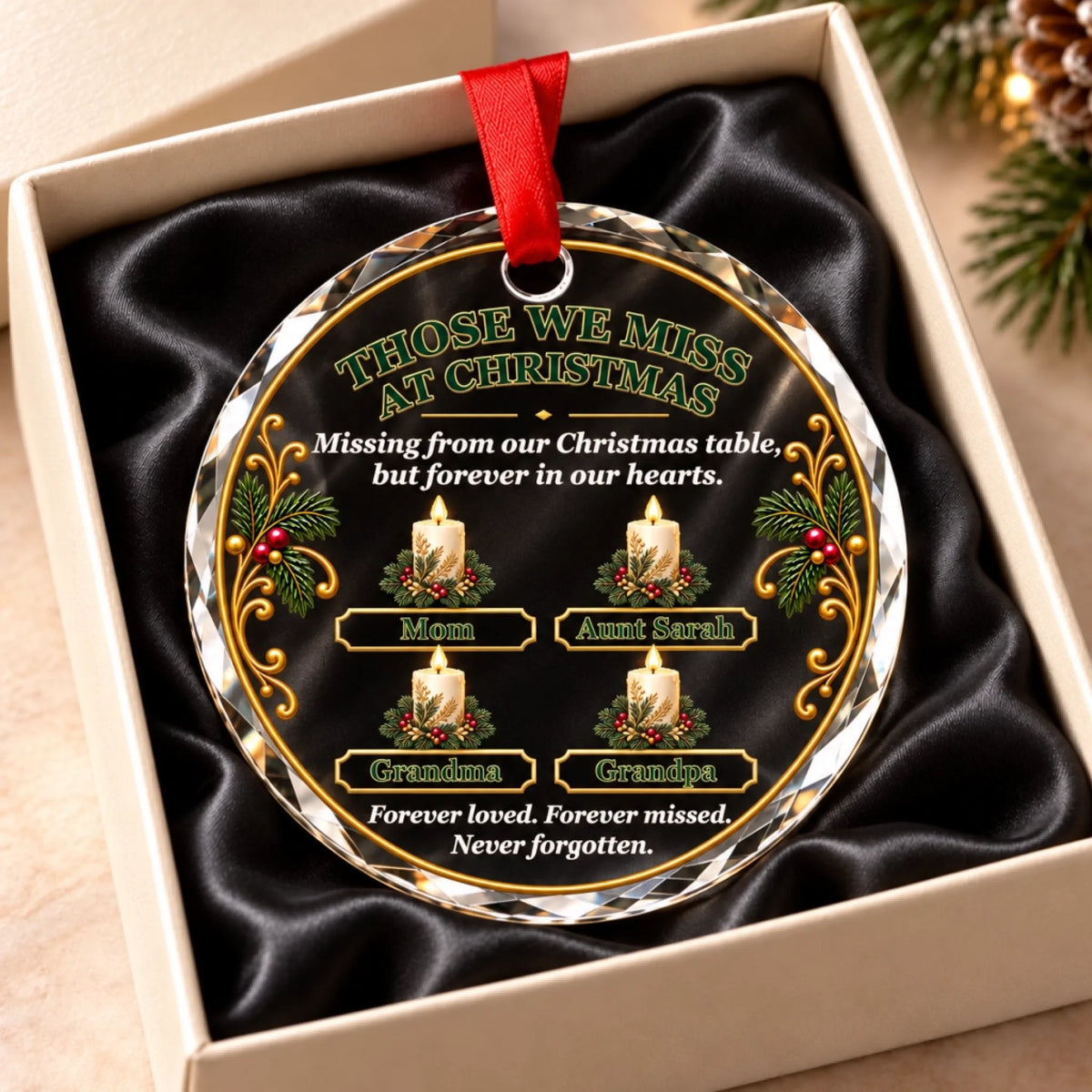 Personalized glass memorial Christmas ornament with five names displayed in an elegant gift box.
