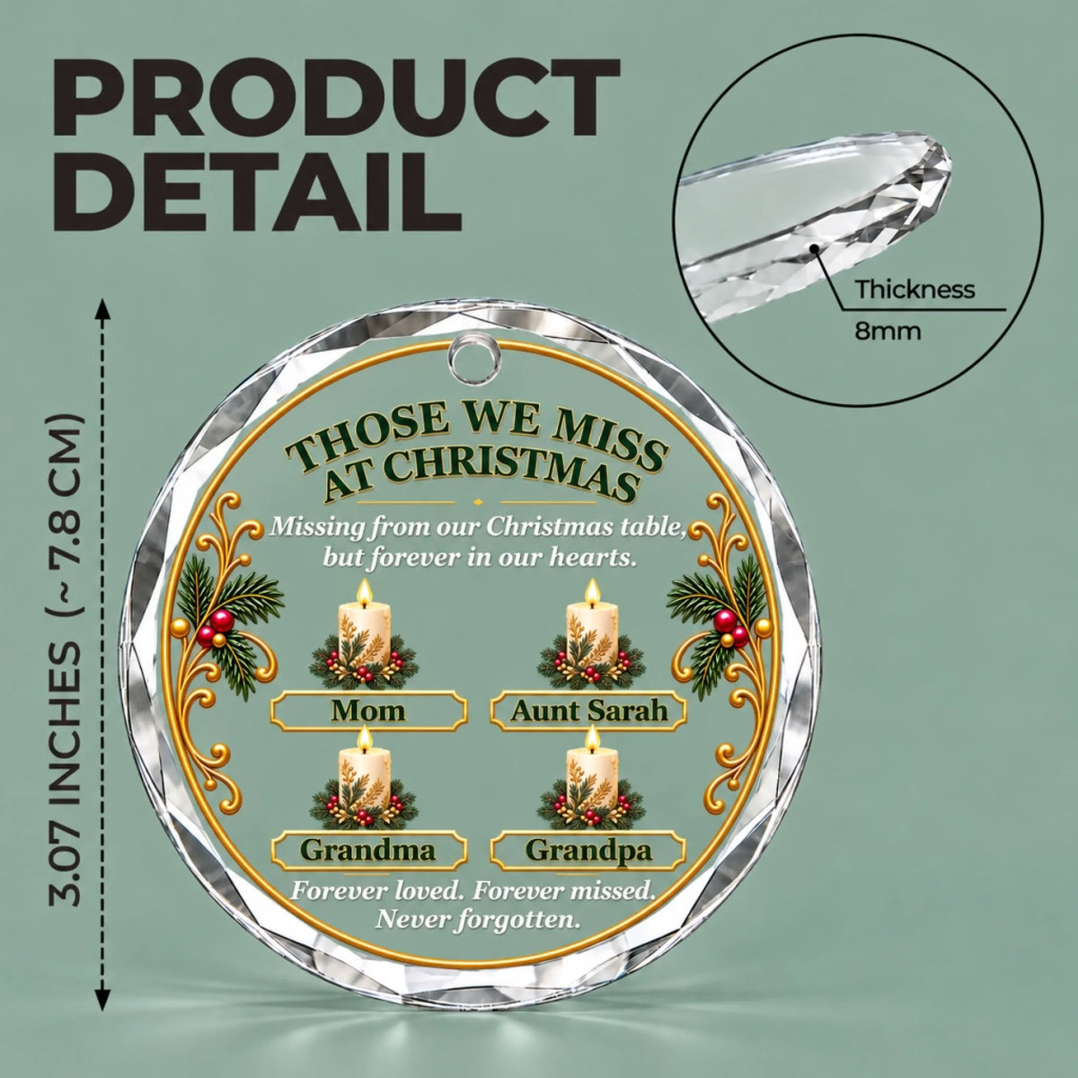 Personalized 3.1-inch round glass memorial Christmas ornament showing dimensions, faceted edges, and custom five-name design.