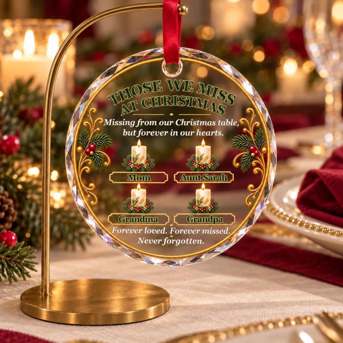 Round glass Christmas remembrance ornament with custom names, gold accents, and memorial candles displayed on a stand.